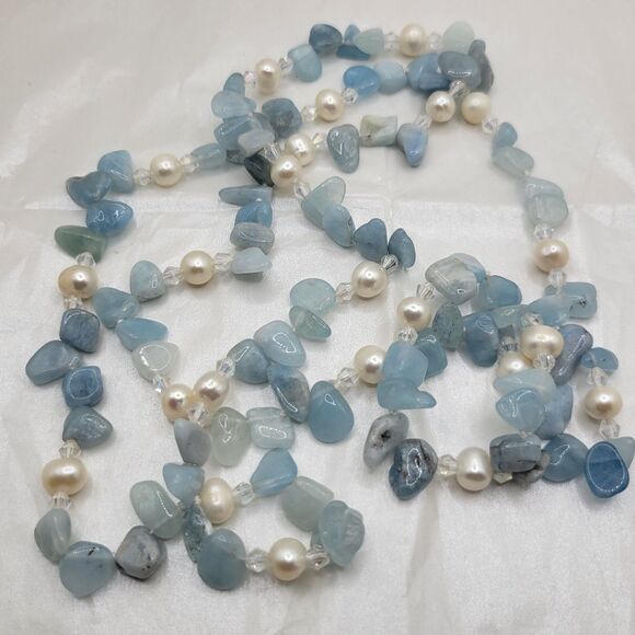 Natural Aquamarine Chips and Pearl Beaded Necklace 36 in. - Picture 3 of 6